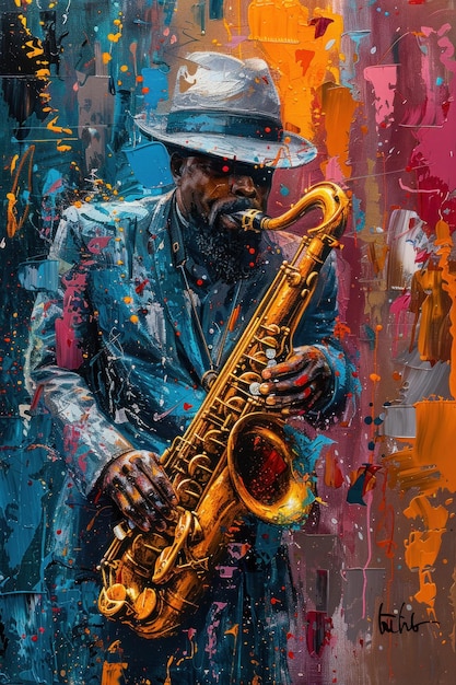 Uma pintura realista de um homem tocando apaixonadamente o saxofone seus dedos se movendo graciosamente sobre