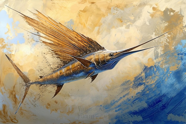 Uma pintura realista de um marlin azul exibido contra um fundo azul e amarelo vibrante Uma representação intrincada de um peixe-vela velocidade impressionante e agilidade AI Gerado