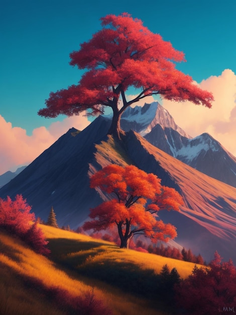 Uma pintura representando uma árvore majestosa no topo de uma montanha imponente