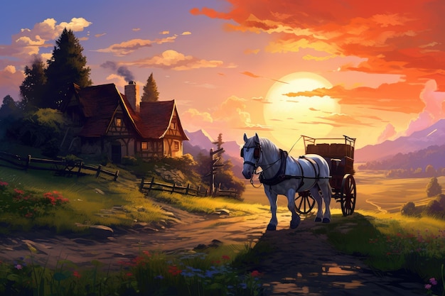 Uma pintura requintada que captura a beleza de uma carruagem puxada por cavalos viajando ao longo de uma estrada serena. Paisagem rural com cavalos e charretes gerada por IA