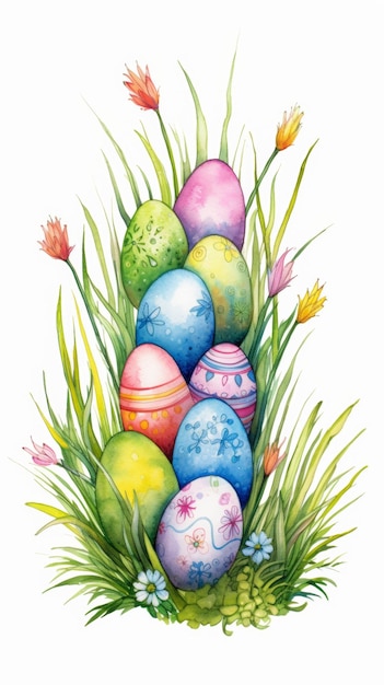 Uma pintura retratando um aglomerado de ovos coloridos espalhados por uma área de grama verde exuberante