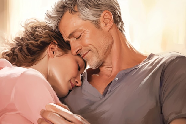 Uma pintura retratando um homem e uma mulher idosos abraçados carinhosamente na cama capturando um momento de amor e romance