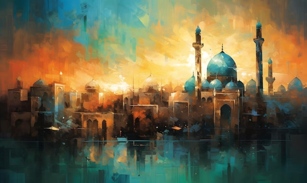 Uma pintura retratando uma imagem tranquila de uma mesquita que captura a essência do Ramadã