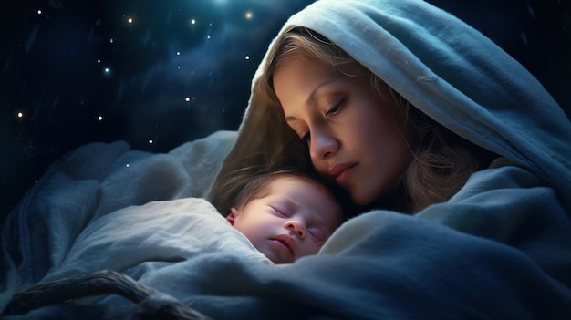 Uma pintura retratando uma mulher aconchegando um bebê sob um cobertor aconchegeiro A expressão terna da mulher mostra
