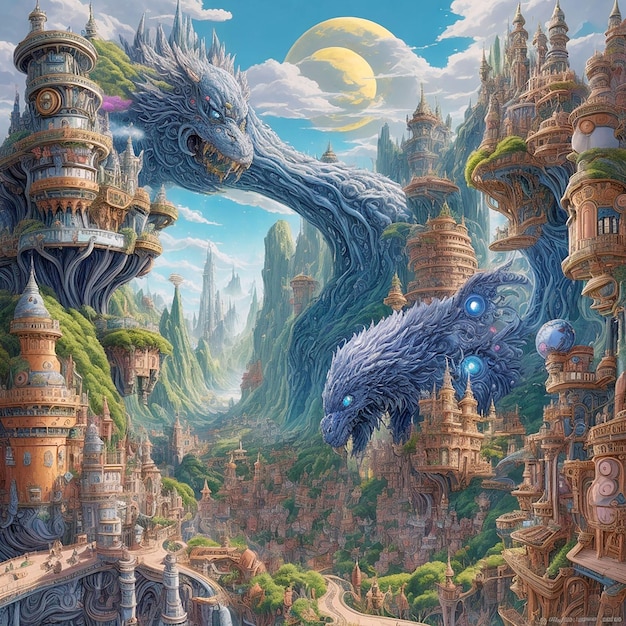 Uma pintura surreal de uma paisagem urbana onde a gravidade funciona de forma diferente