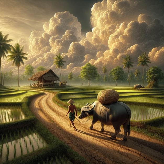 Uma pintura ultra-realista de uma cena natural de um campo de arroz indonésio