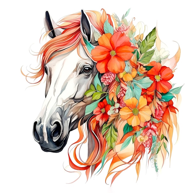 Foto uma pintura uma cabeça de cavalo com flores tropicais coloridas mamíferos animais selvagens