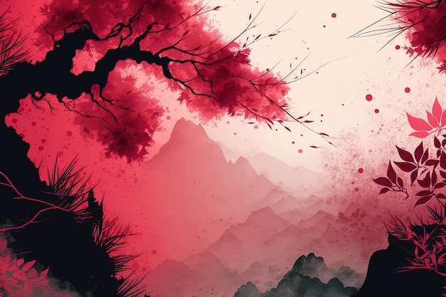 Uma pintura vermelha e preta de uma IA geradora de paisagem montanhosa