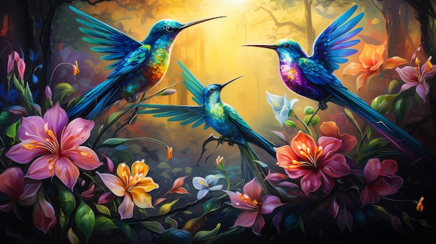 Uma pintura vibrante com dois beija-flores empoleirados em um galho cercados por flores coloridas