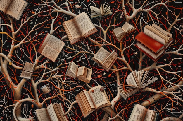 Uma pintura vibrante com uma árvore adornada com livros coloridos simbolizando a fusão da natureza e do conhecimento