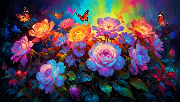 Uma pintura vibrante de borboletas e flores coloridas contra um fundo preto escuro