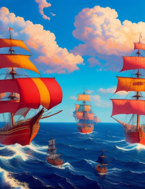 Uma pintura vibrante de três navios de Colombo navegando através de um vasto oceano de possibilidades