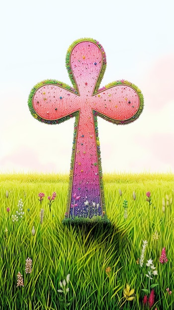 Uma pintura vibrante e animada de uma cruz colorida de pé alto em meio a grama verde exuberante rGenerative