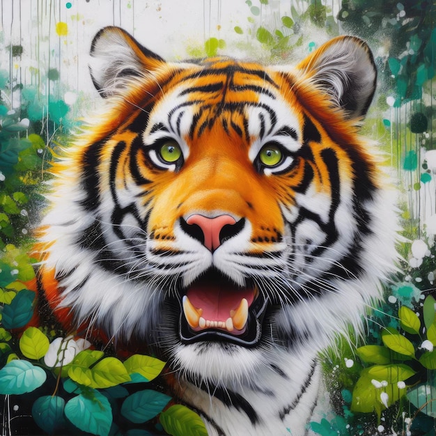 Uma pintura vibrante e colorida de um tigre em meio à vegetação