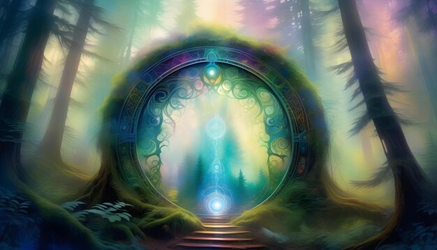 Uma pintura vibrante em aquarela de um portal de tempo fantasmal em uma clareira de floresta nebulosa
