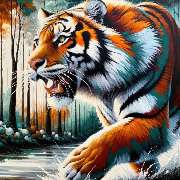 Uma pintura vívida de um tigre em um cenário natural com a boca aberta mostrando sua