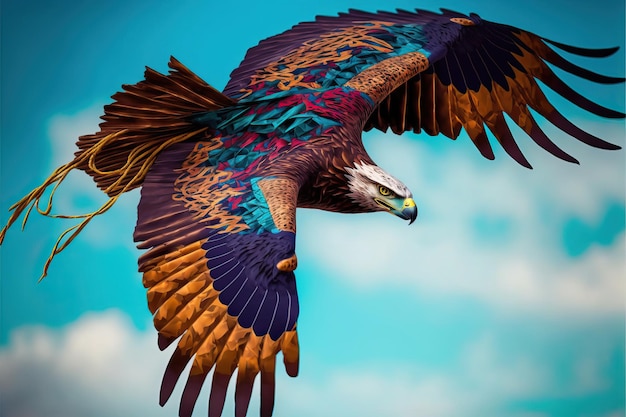 Foto uma pipa águia voando no céu azul entre nuvens em conceito para o festival internacional de pipas