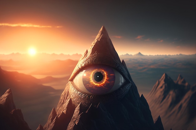 Foto uma pirâmide com um olho sobre ela com montanhas ao fundo.