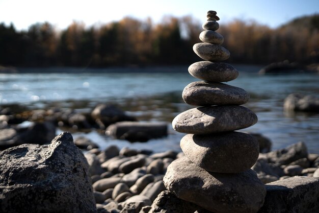 Uma pirâmide de pedras na margem do rio equilíbrio na natureza