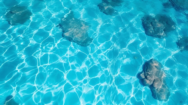 Uma piscina azul com pedras e água no fundo.