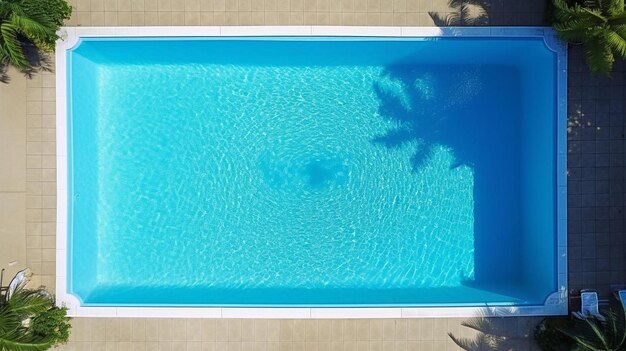 uma piscina azul com uma palmeira na água