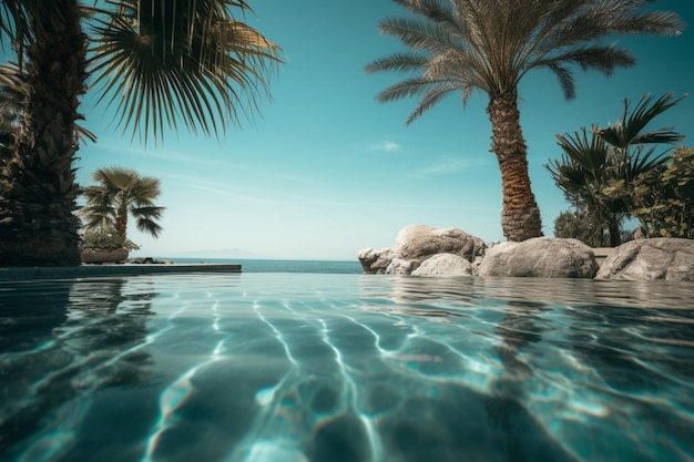 Uma piscina com palmeiras e água em frente a um céu azul.