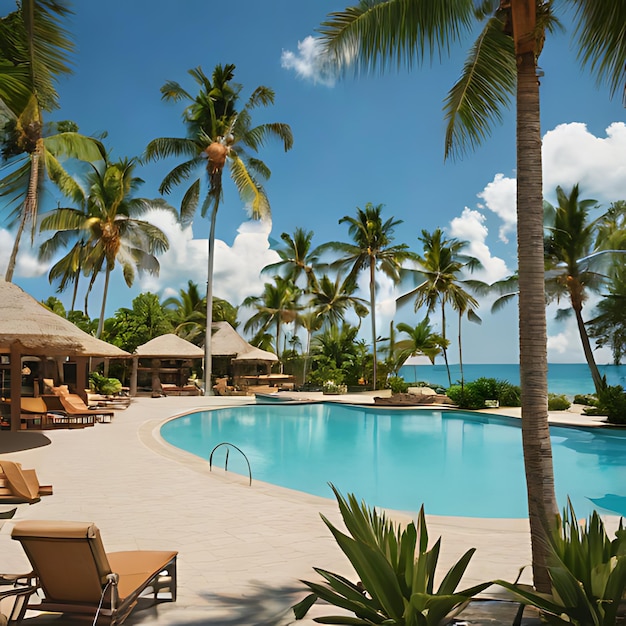 Foto uma piscina com palmeiras e um céu azul com algumas nuvens