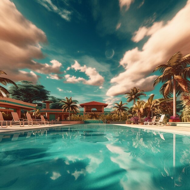 uma piscina com palmeiras e um céu com nuvens