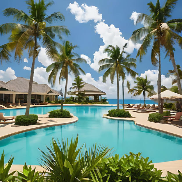 uma piscina com palmeiras e uma palmeira no fundo