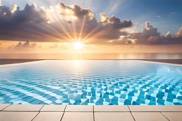 Foto uma piscina com um pôr-do-sol e um céu de fundo