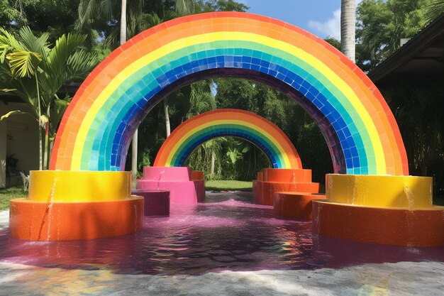 Uma piscina com uma fonte de cores arco-íris pulverizando arcos de água