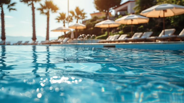 uma piscina com uma palmeira e guarda-chuvas