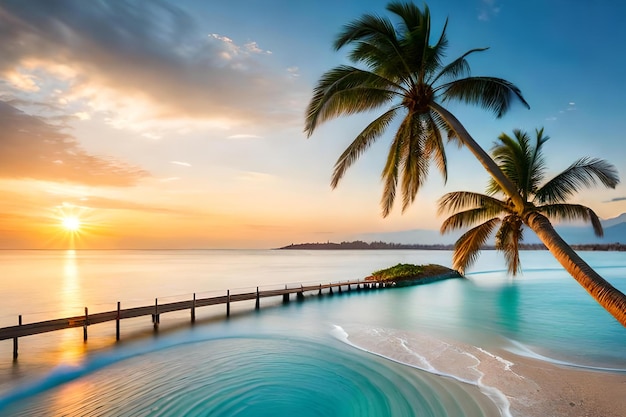 Uma piscina com uma palmeira e um pôr do sol ao fundo