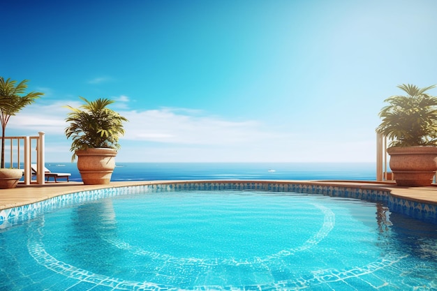 uma piscina com uma palmeira e um vaso de plantas