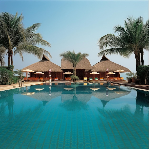 uma piscina com uma palmeira e uma placa que diz "hotel".