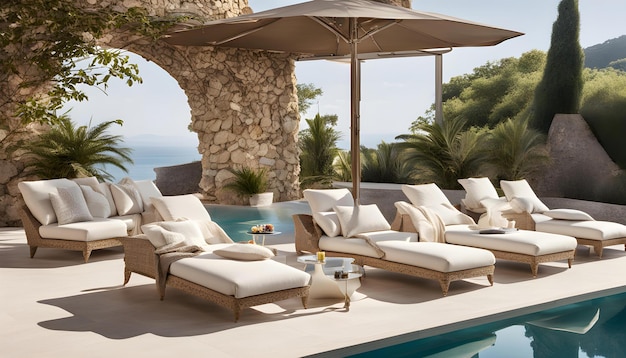 Foto uma piscina com uma piscina e cadeiras de descanso e uma piscina com um palmeiro ao fundo