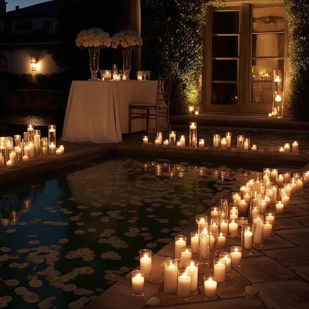 Uma piscina com velas e uma piscina com uma vela acesa no meio