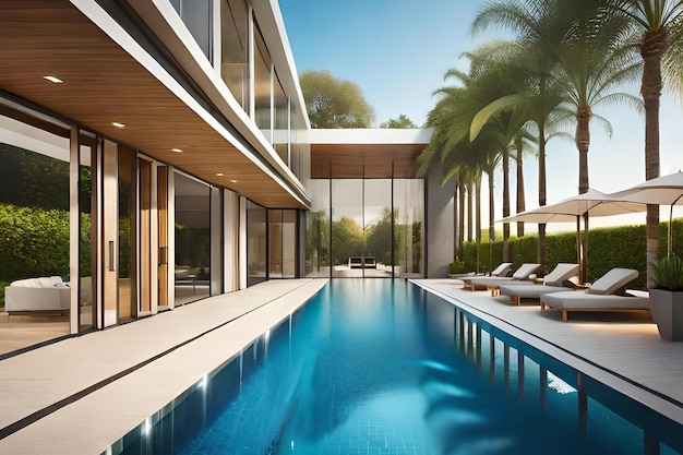 Uma piscina com vista para a casa e as palmeiras