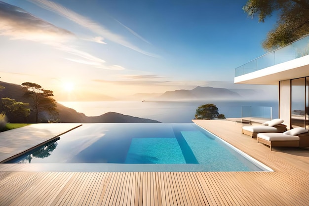 Uma piscina com vista para a serra e para o mar.