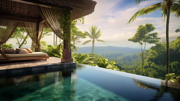 uma piscina com vista para a serra.