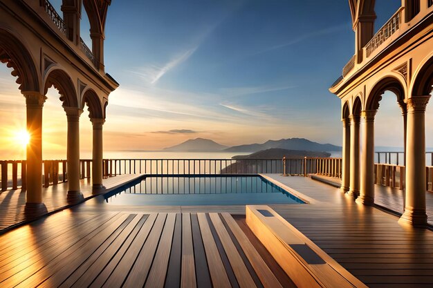 Uma piscina com vista para as montanhas ao fundo