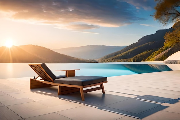 Uma piscina com vista para as montanhas e uma espreguiçadeira.