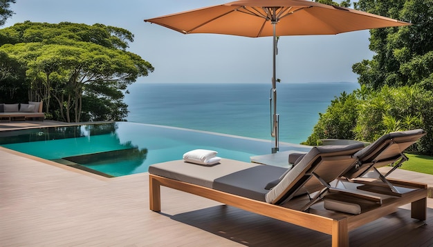 Foto uma piscina com vista para o oceano e uma cena de praia