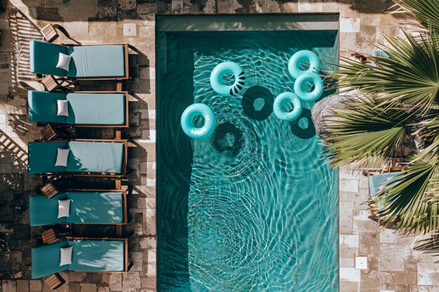 uma piscina de cobalto com flutuadores dispostos como pontos de pólka criando uma cena de diversão de verão