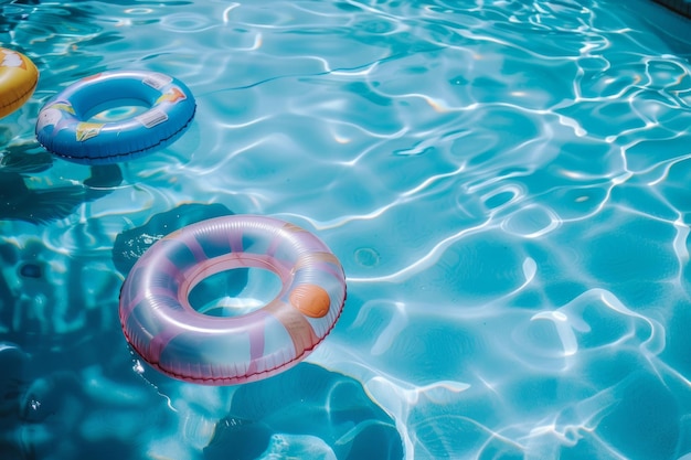 uma piscina de cobalto com flutuadores dispostos como pontos de pólka criando uma cena de diversão de verão