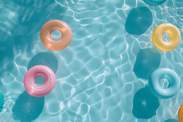 uma piscina de cobalto com flutuadores dispostos como pontos de pólka criando uma cena de diversão de verão