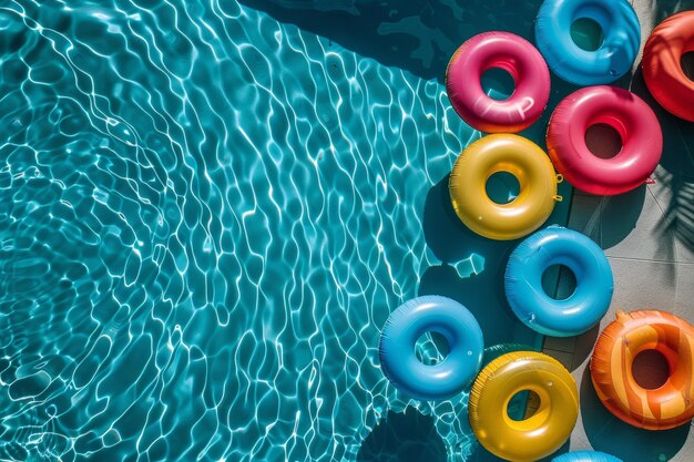 uma piscina de cobalto com flutuadores dispostos como pontos de pólka criando uma cena de diversão de verão