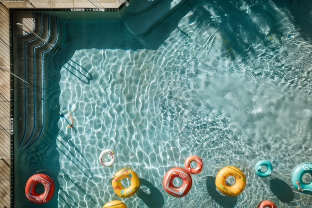 uma piscina de cobalto com flutuadores dispostos como pontos de pólka criando uma cena de diversão de verão