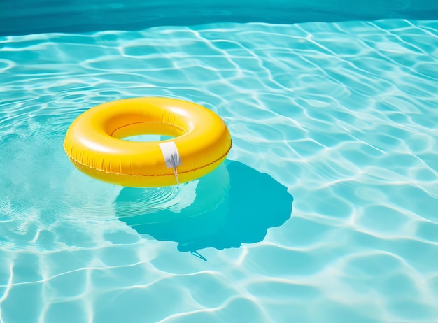 Uma piscina de fundo azul com água azul abaixo de um grande rafting amarelo no meio