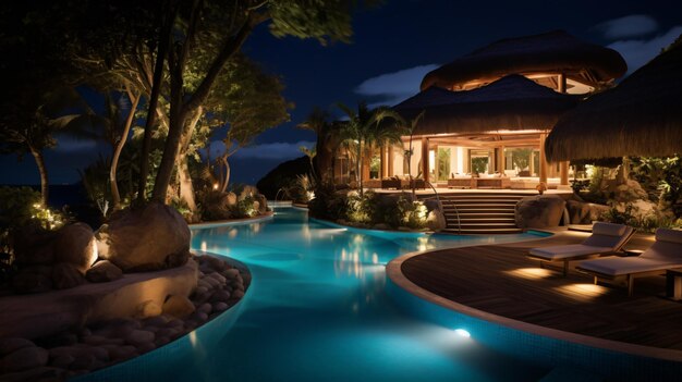 Uma piscina de luxo de um resort tropical à noite.